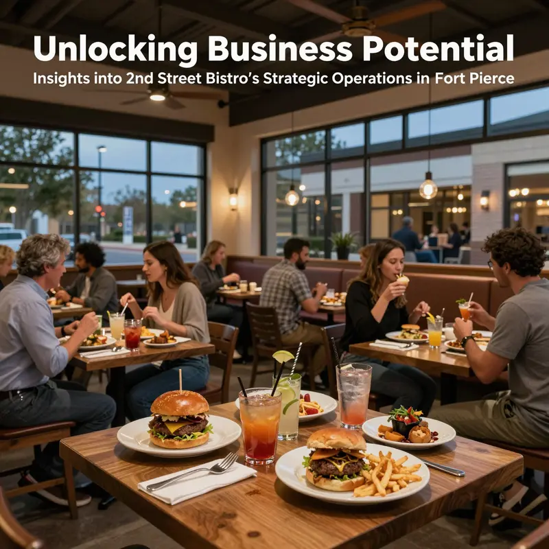 Photo-realistic interior view of busy 2nd Street Bistro with diners, gourmet food plates, warm lighting, and Hilton Garden Inn visible through windows.