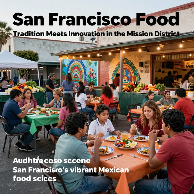 Customers dining at outdoor tables in San Francisco's Mission District surrounded by Mexican murals and fresh ingredients, representing the city's Mexican food culture.