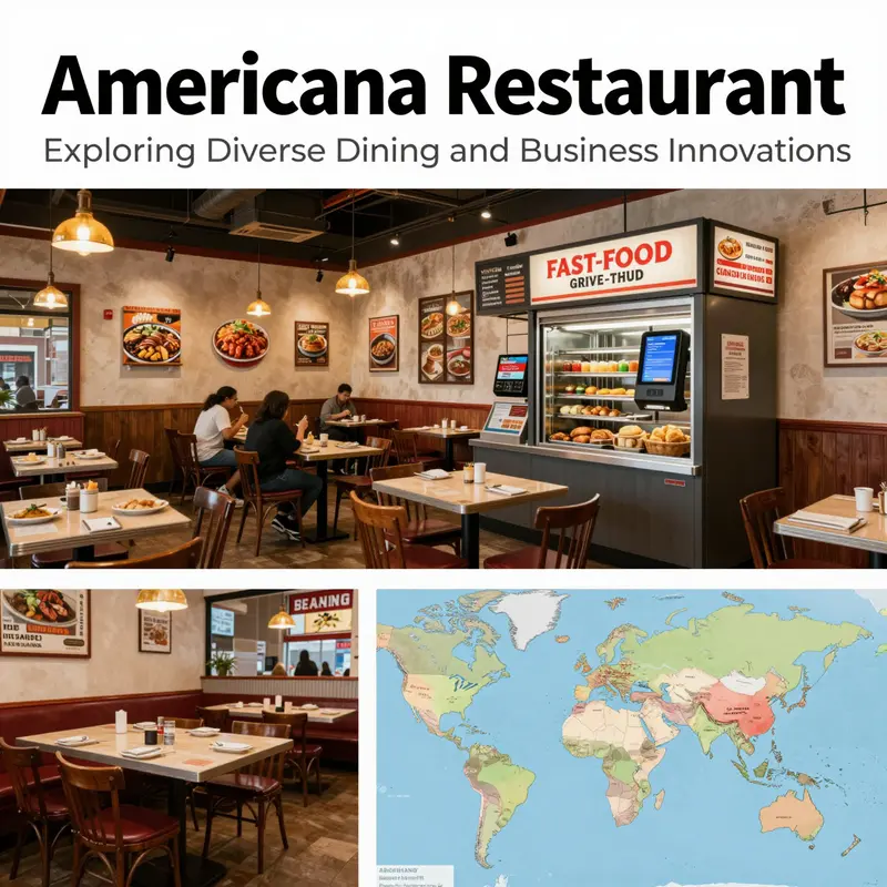 Composite image showing American dining, fusion cuisine, high-tech drive-thru, and global business regions for Americana Restaurant.