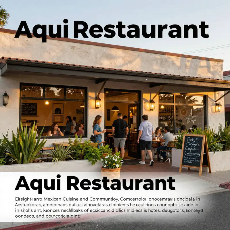 Golden hour exterior shot of Aqui Restaurant in Cupertino with warm welcoming lights and patrons arriving.
