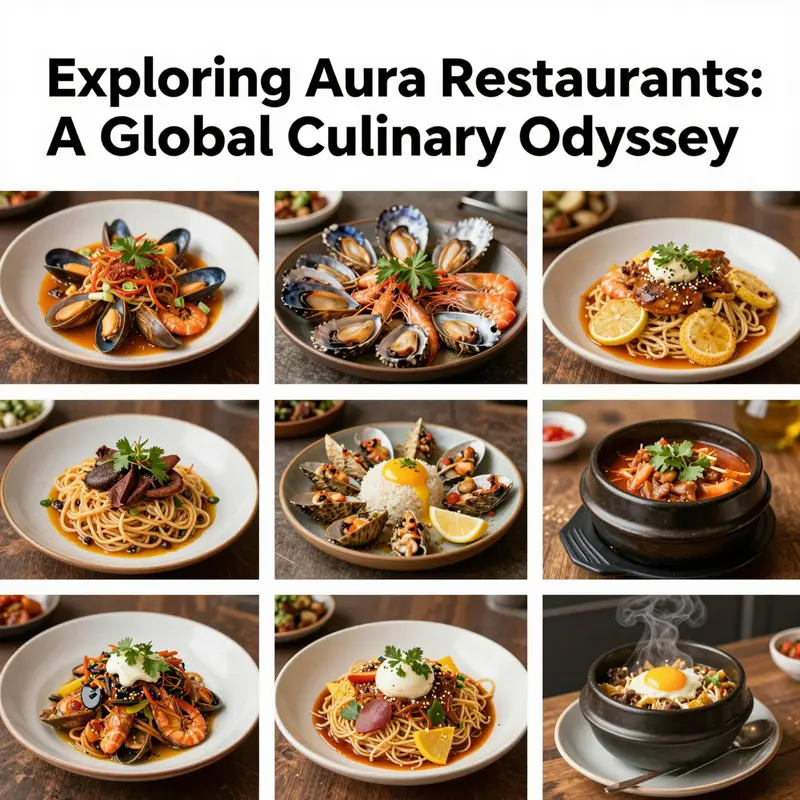 A collage of dishes from Aura Restaurants across the globe, showcasing various culinary styles.