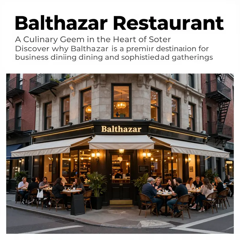 An exterior view of Balthazar Restaurant at dusk, showcasing its elegant architecture and welcoming ambiance.