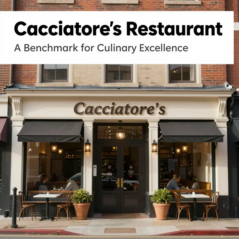 The exterior view of Cacciatore's Restaurant, featuring its charming architecture and warmly lit entrance.