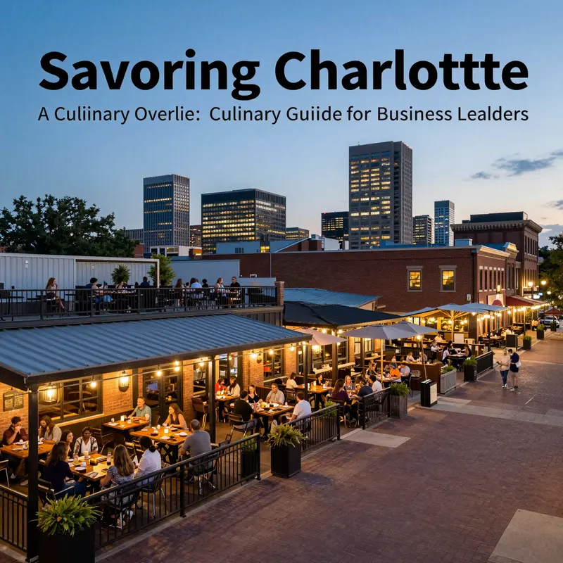 A sweeping view of Charlotte’s diverse dining scene as evening settles in.