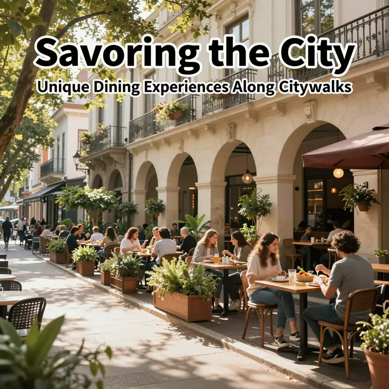 A scenic view of a citywalk featuring diners enjoying various meals outside against a backdrop of landscaped gardens and sunny skies.