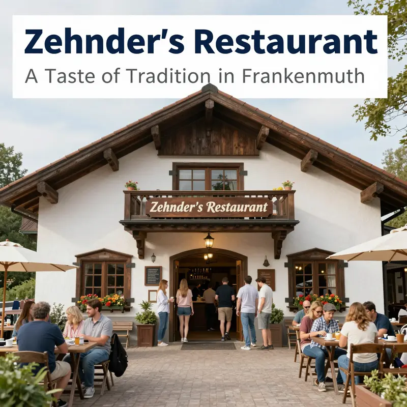 A picturesque view of Zehnder's Restaurant's exterior, highlighting its traditional design and inviting atmosphere.