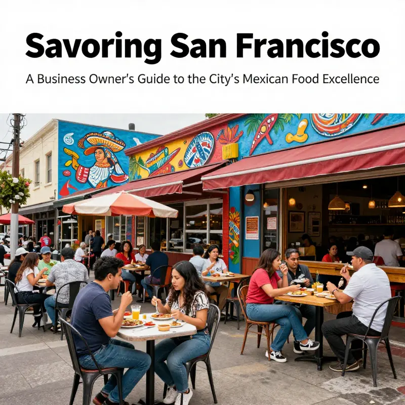 A bustling San Francisco street showcasing colorful Mexican restaurants and vibrant cultural murals.