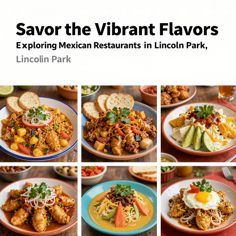 A colorful collage of diverse Mexican dishes, reflecting the vibrant cuisine available in Lincoln Park, Chicago.