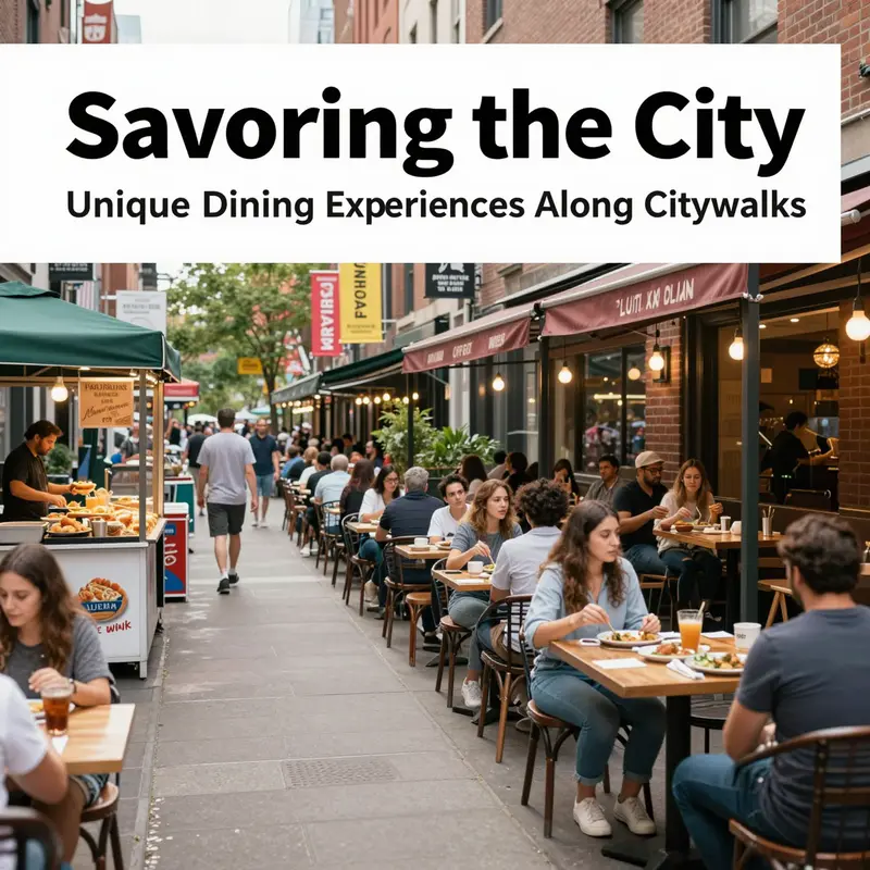A vibrant citywalk scene illustrating cultural dining experiences with lively outdoor restaurant spaces.