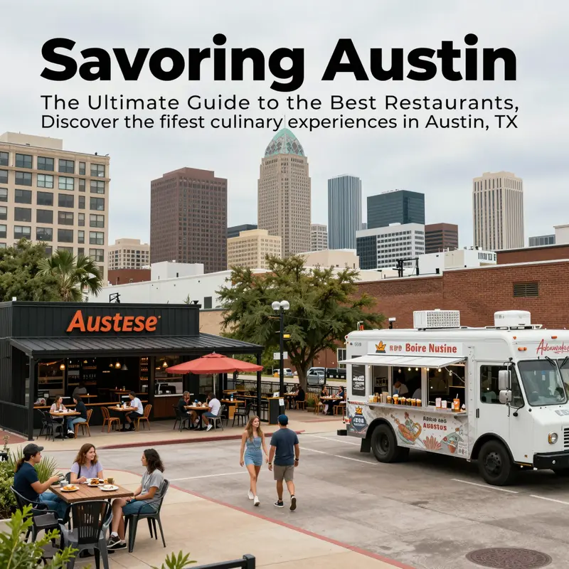 A beautiful panorama of downtown Austin showcasing various restaurants and food trucks, highlighting the city's dining culture.