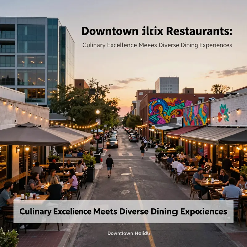 Panoramic view of Downtown Phoenix restaurants with outdoor seating and city skyline at sunset.