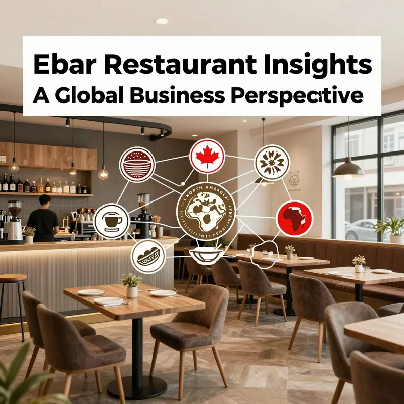 Modern café interior combined with cultural food symbols and a world map network illustrating global Ebar restaurants.