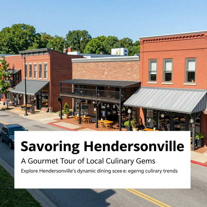 A vibrant street view of downtown Hendersonville, highlighting various restaurant entrances and the lively atmosphere.