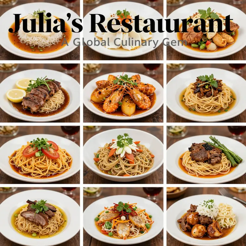 A colorful array of dishes representing Julia's Restaurant locations, illustrating distinct culinary traditions from around the world.