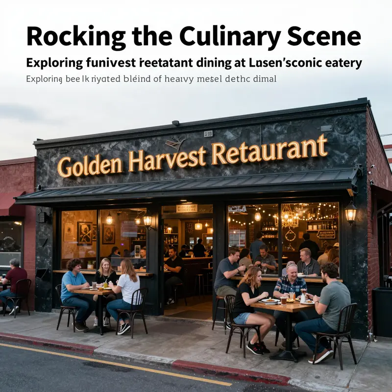 Exterior view of Golden Harvest Restaurant, reflecting its heavy metal theme and inviting atmosphere for diners.