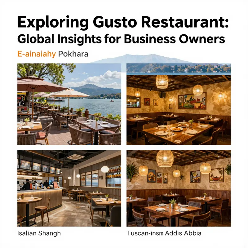 Four images collage showing diverse restaurant scenes of Gusto Restaurant locations in Pokhara, Wanaka, Shanghai, and Addis Ababa.