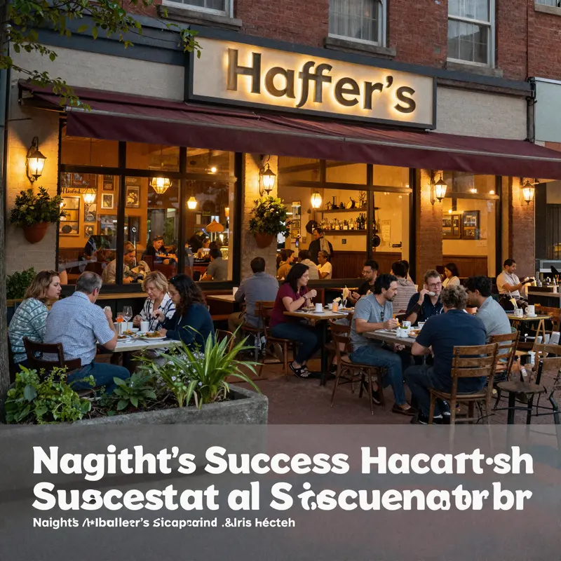 Evening exterior view of Hafner's Restaurant & Tavern showing lively activity inside and warm exterior lighting.
