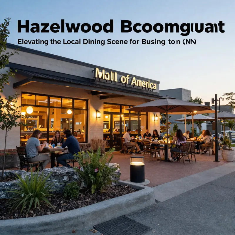 Evening view of Hazelwood Restaurant in Bloomington MN, showing lit outdoor seating area and welcoming entrance.