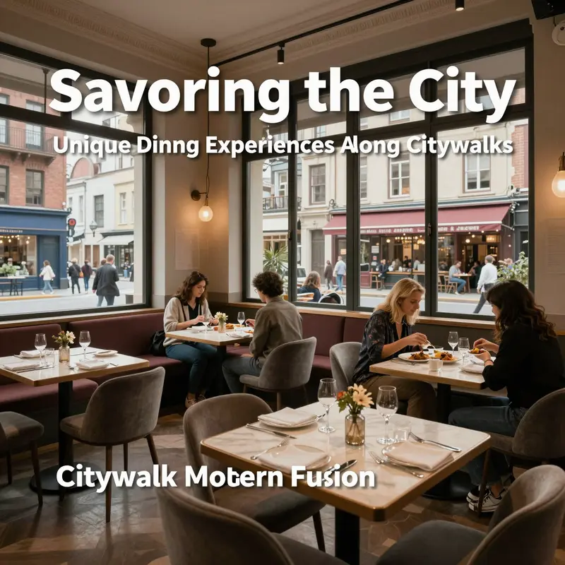 A vibrant citywalk scene illustrating cultural dining experiences with lively outdoor restaurant spaces.