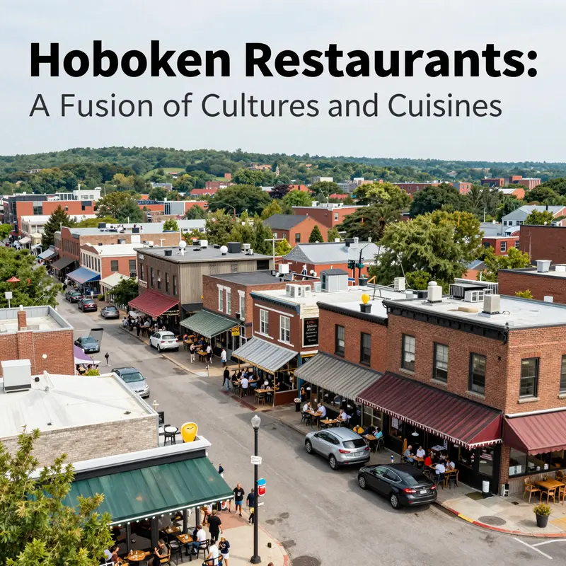 An aerial view of Hoboken showcasing various restaurants and busy streets, symbolizing the town's rich culinary offerings.