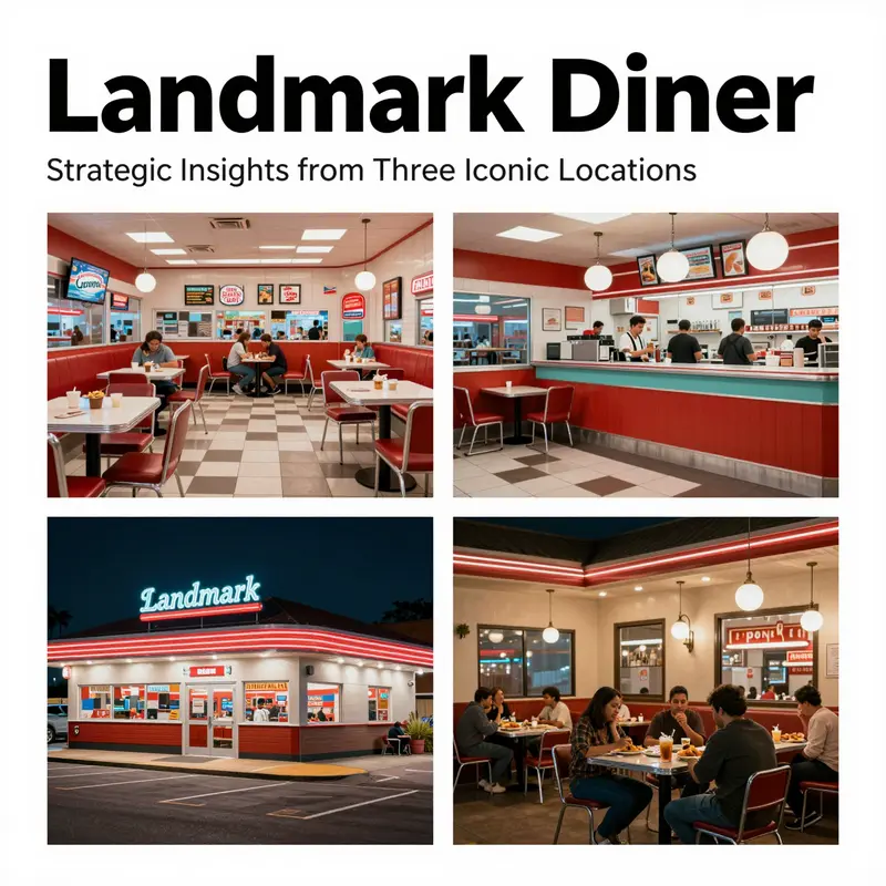 Collage of three Landmark Diner locations showing interior and exterior scenes representing their unique city-based strategies.