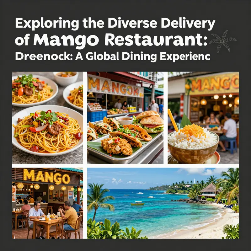 A collage image representing different Mango Restaurant locations: Greenock, Bangkok, and the Caribbean, highlighting their unique dishes and atmospheres.