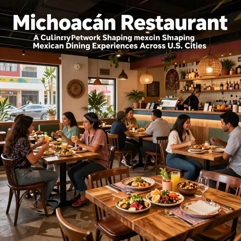 Interior scene of a Mexican restaurant blending traditional and modern elements with patrons enjoying various authentic Mexican dishes.
