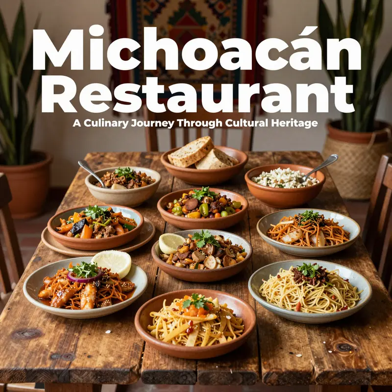 A colorful display of authentic Michoacán dishes on a rustic table, representing Mexican culinary heritage.