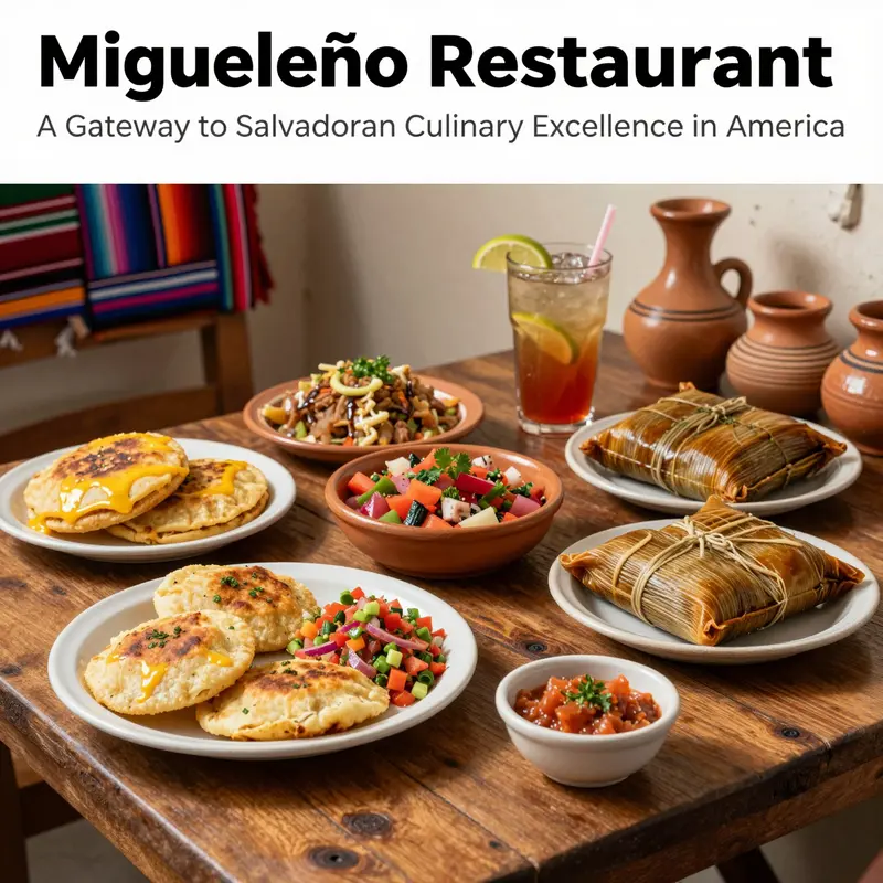 Close-up of Salvadoran traditional food including pupusas and tamales presented at Migueleño Restaurant with cultural decor.