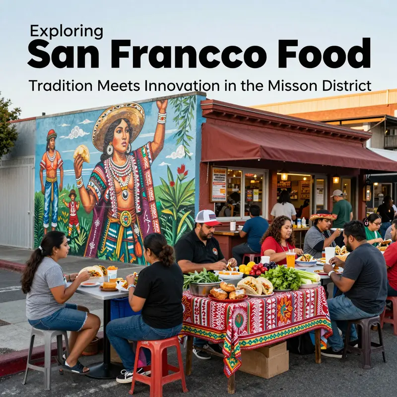 Vibrant Mission District streets showcasing the heart of San Francisco’s Mexican food culture with fresh ingredients and lively dining.