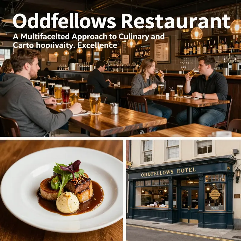 Collage of Oddfellows Restaurant's Nashua brewpub interior, modern plated cuisine from Colac, and Carlton hotel restaurant exterior.