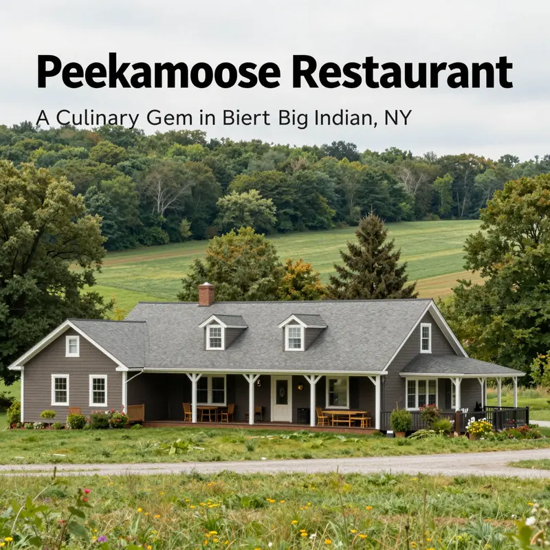 Exterior view of Peekamoose Restaurant showcasing its rustic charm amidst lush green landscapes.