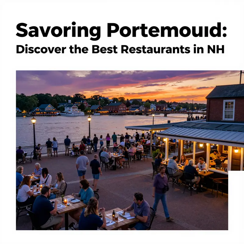 A panoramic view of Portsmouth's bustling waterfront dining scene at sunset.