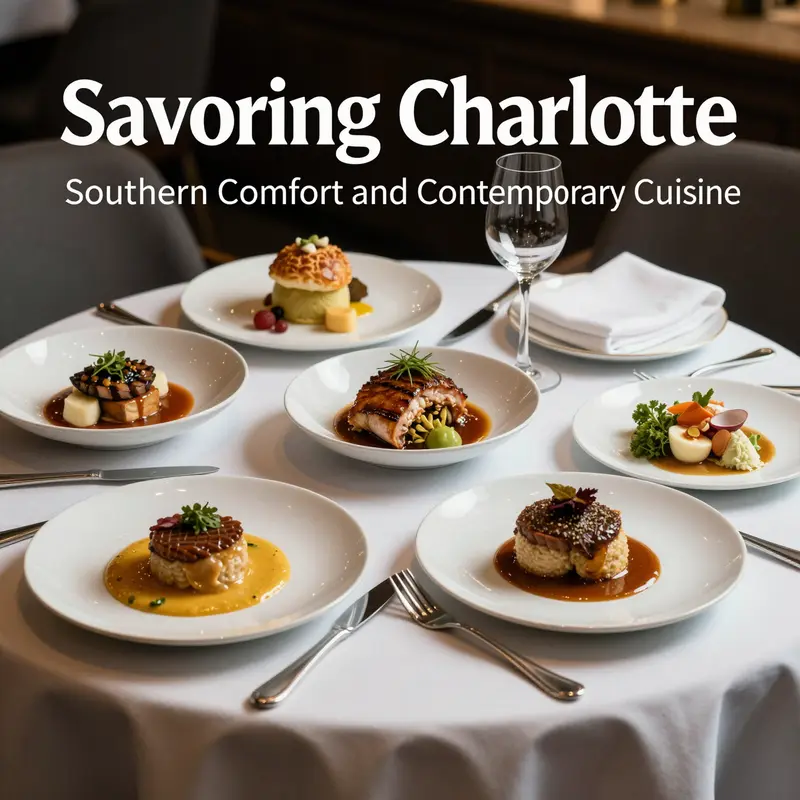 A sweeping view of Charlotte’s diverse dining scene as evening settles in.