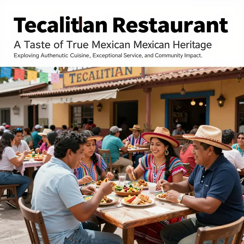 Colorful outdoor dining scene at Tecalitlan Restaurant with happy diners.