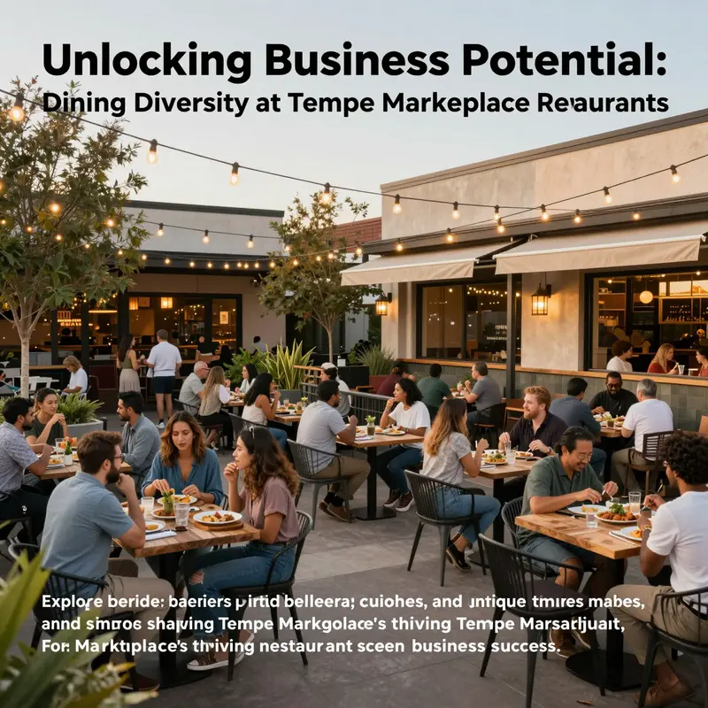 Outdoor diners enjoying meals at Tempe Marketplace restaurants with illuminated and modern surroundings during golden hour.