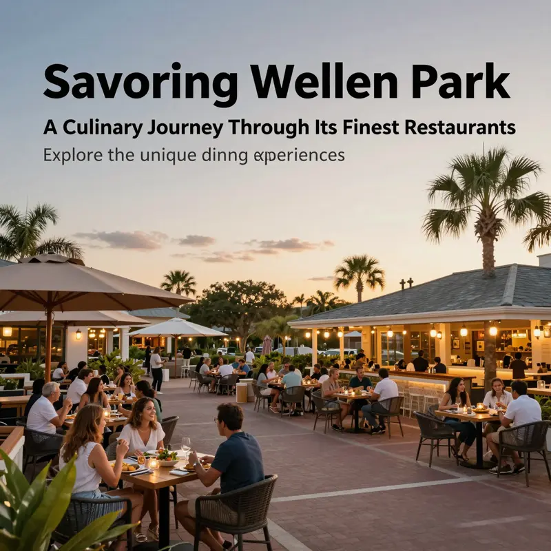 A panoramic view of the Wellen Park dining scene at sunset, highlighting outdoor dining and community atmosphere.