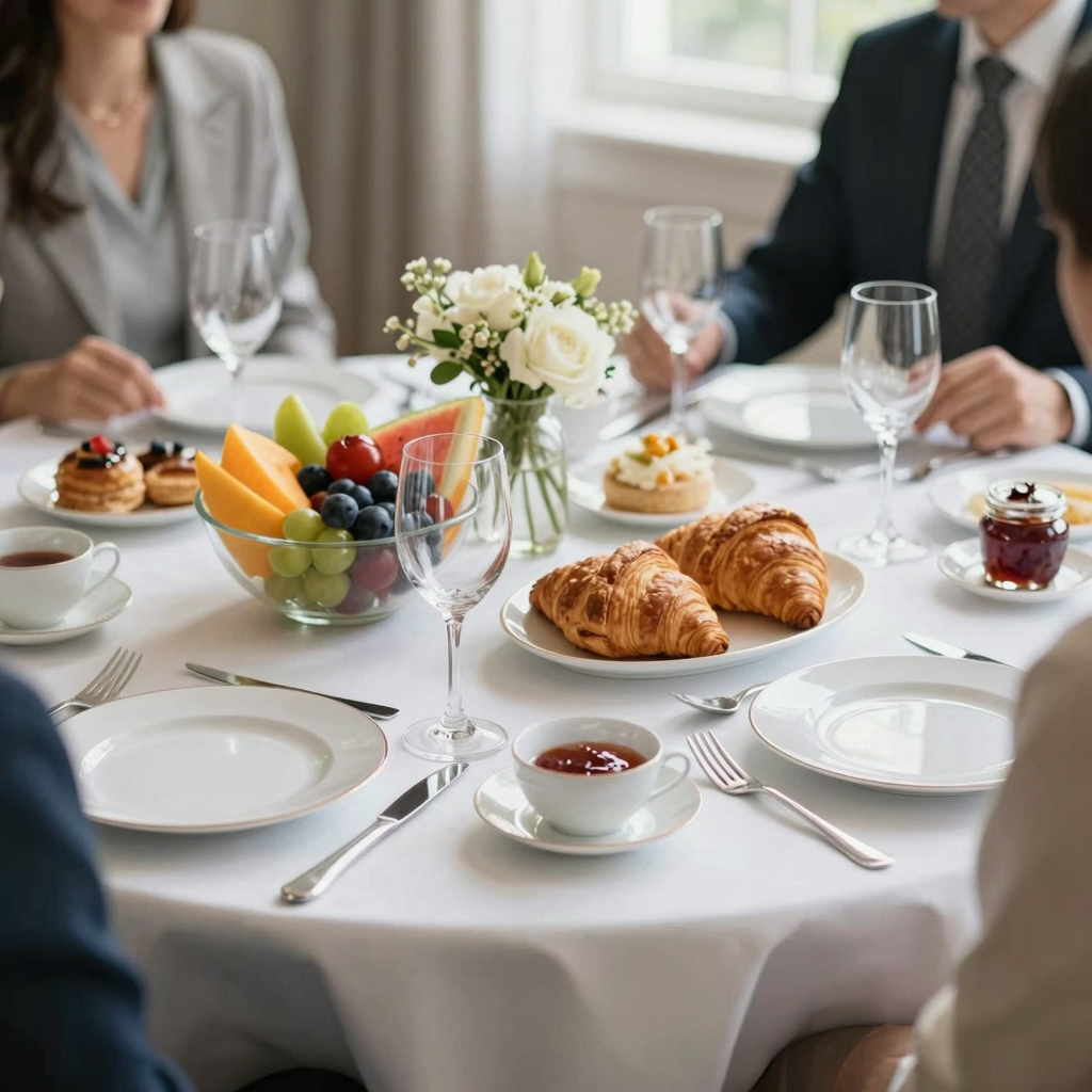Elegant breakfast table setting ideal for business meetings