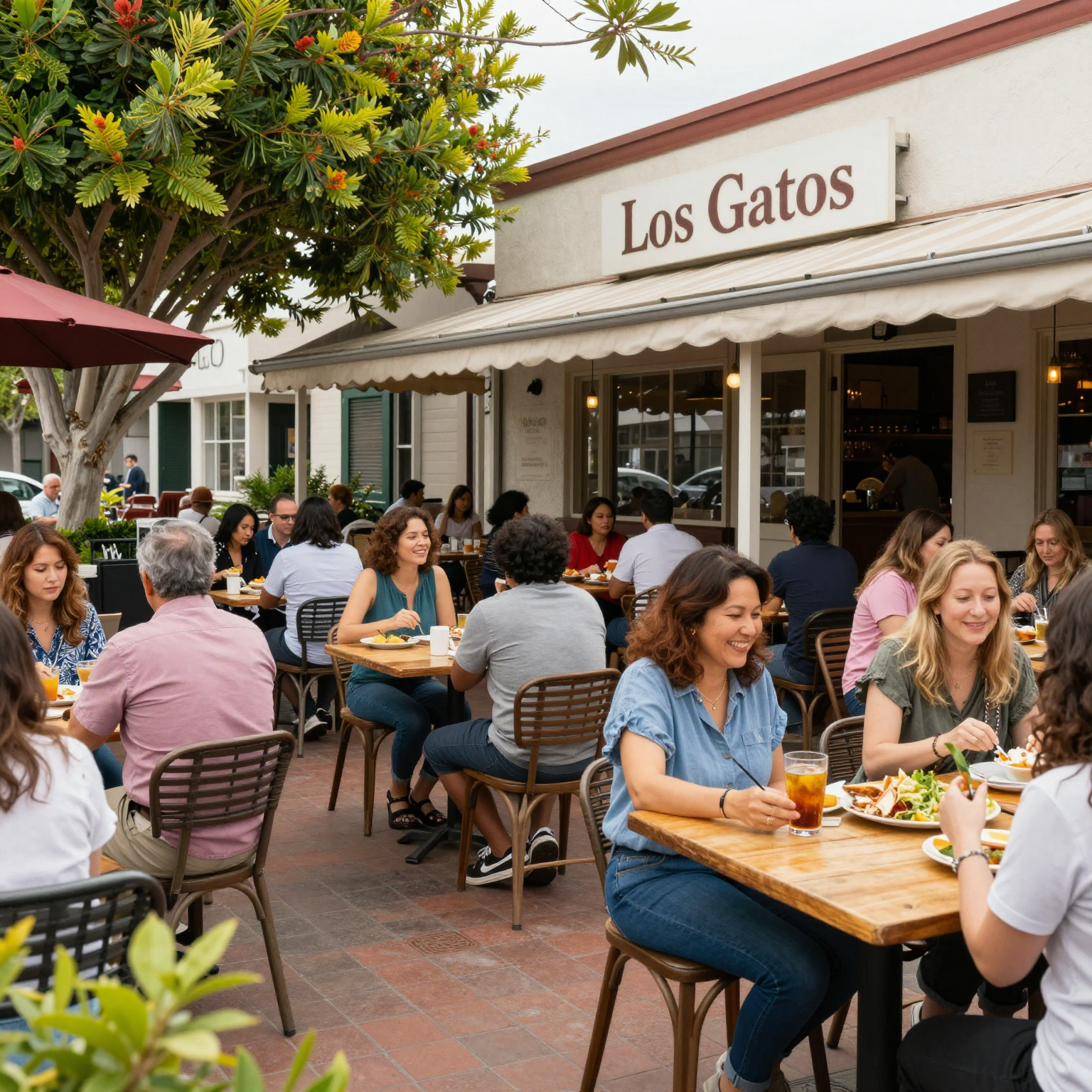 A picturesque view of bustling restaurants in Los Gatos