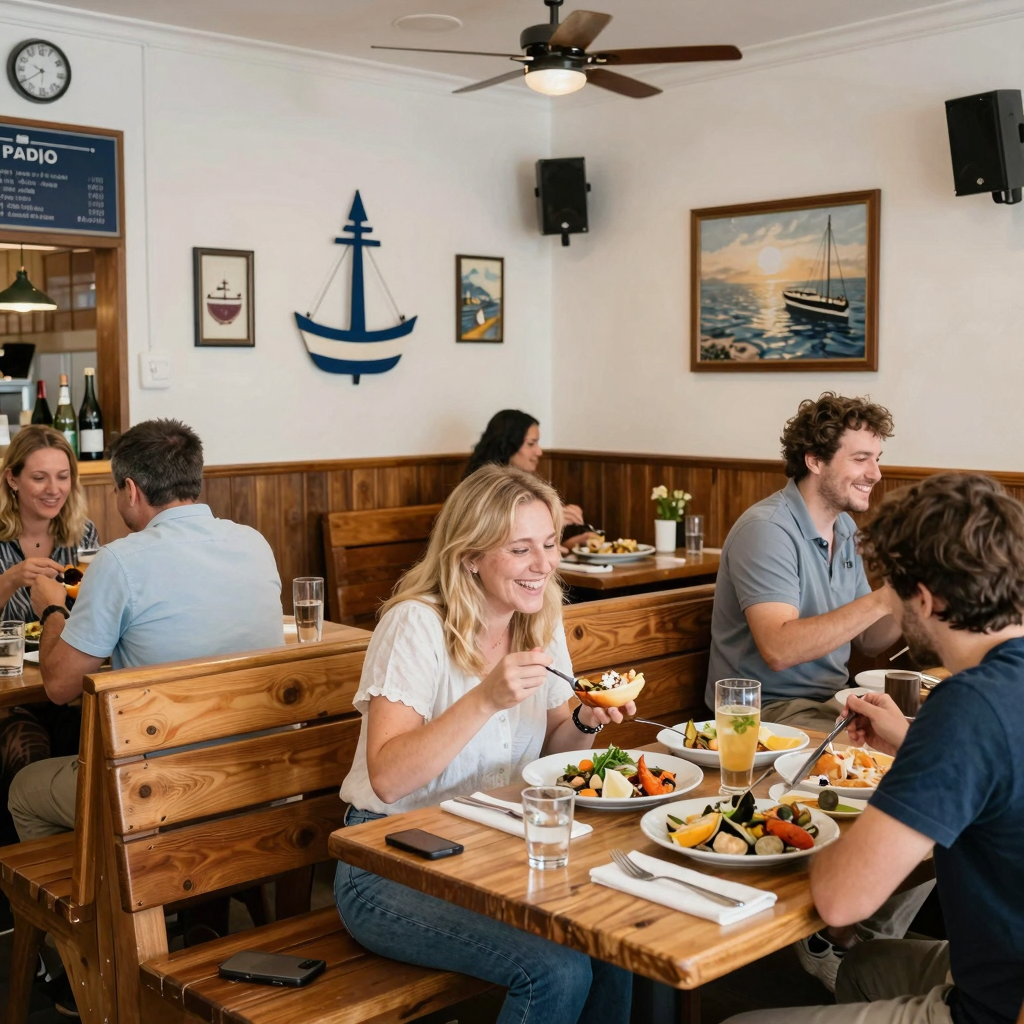 A cozy seafood restaurant interior with wooden benches, nautical decor, and happy diners enjoying seafood dishes.