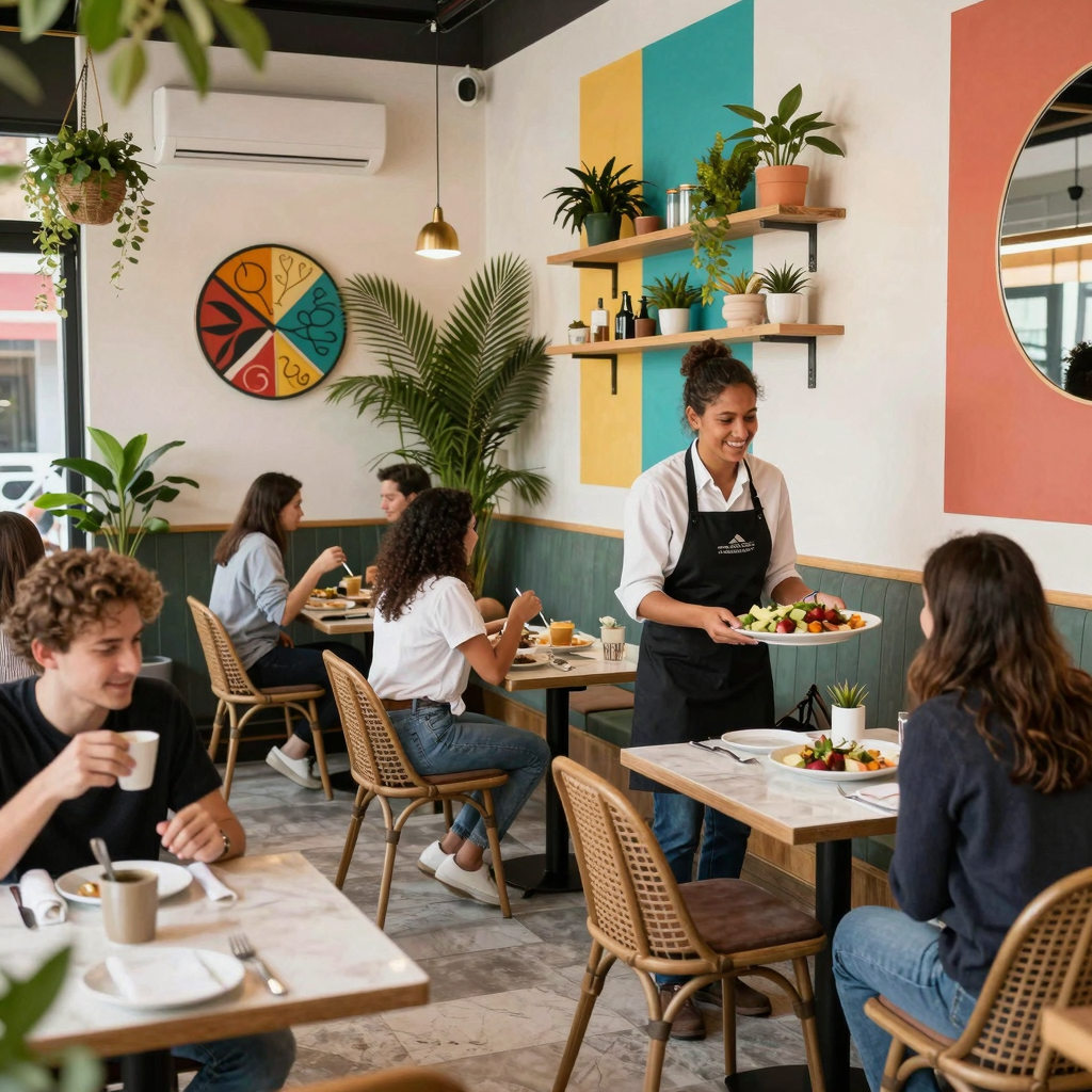 A vibrant restaurant environment showcasing open spaces, colorful decor, and lively customer interactions.