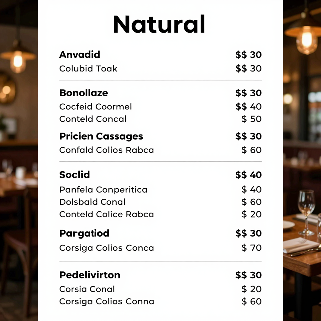 Table of menu items at Sergio's Restaurant