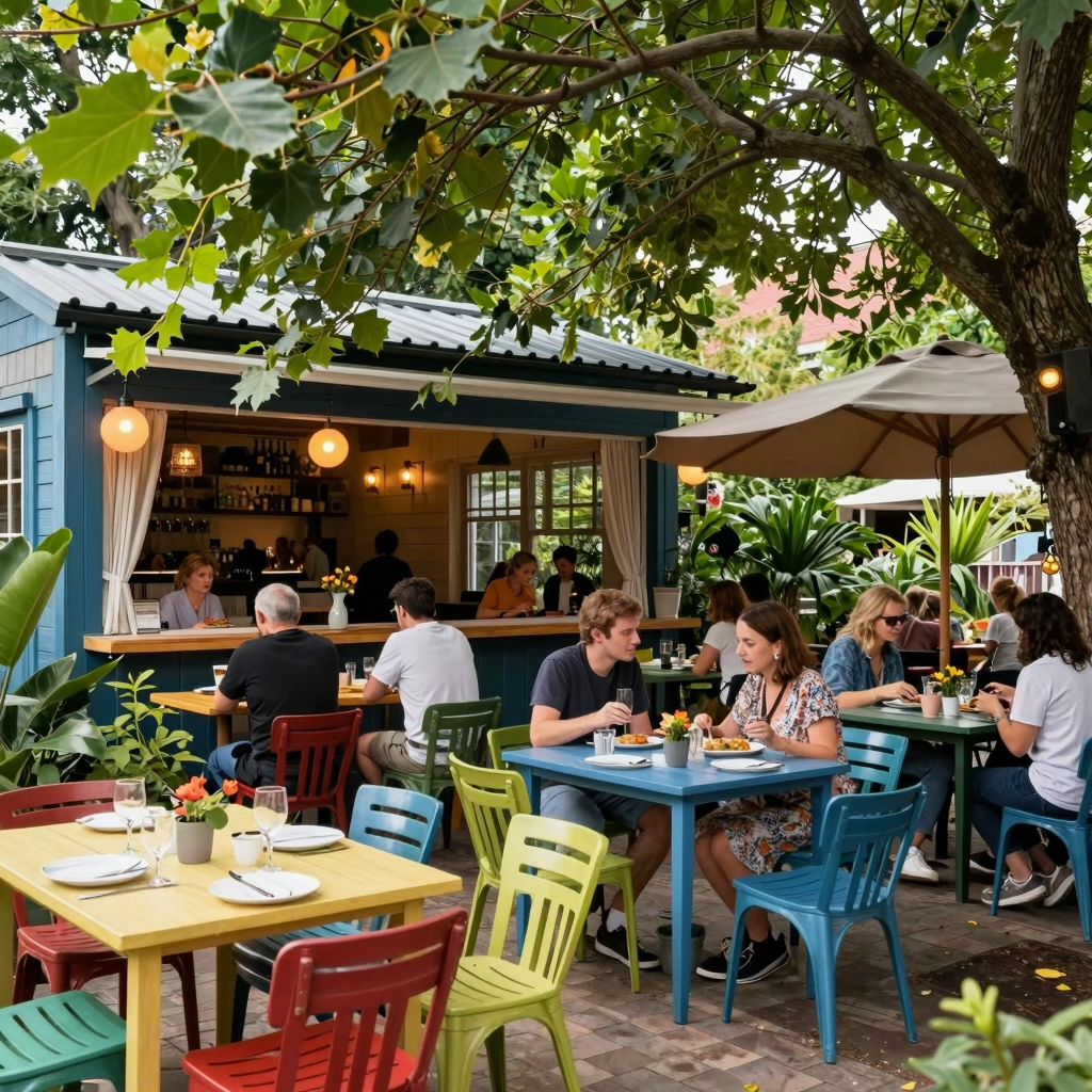 Vibrant summerhouse restaurant ambiance