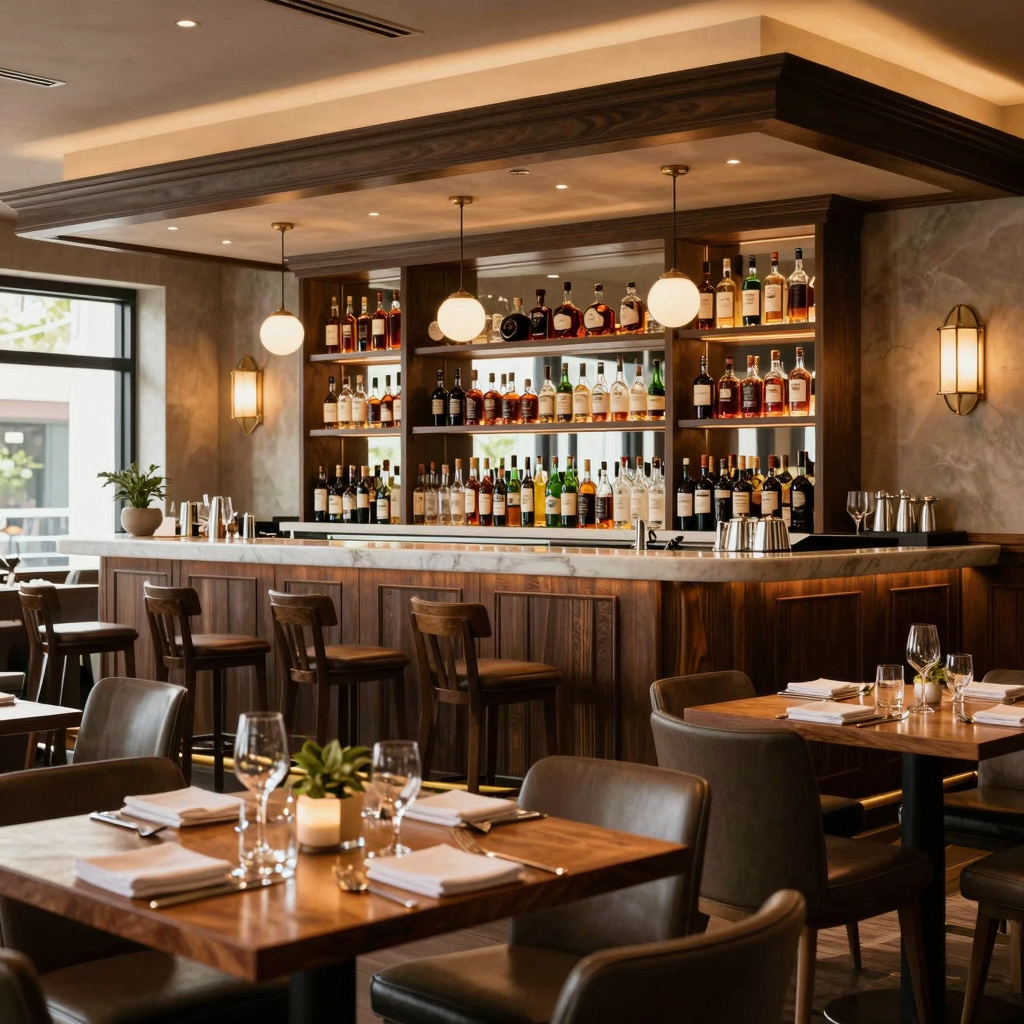 Elegant bar and grill interior with warm ambient lighting showcasing professional restaurant photography