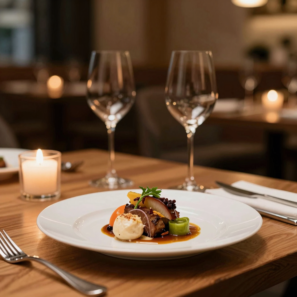 A beautifully plated gourmet dish in an elegant restaurant setting with warm lighting