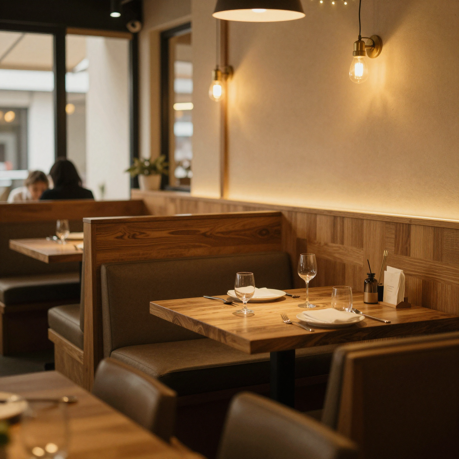 Warm restaurant interior with golden lighting, wooden accents, cozy booths, and ambient string lights