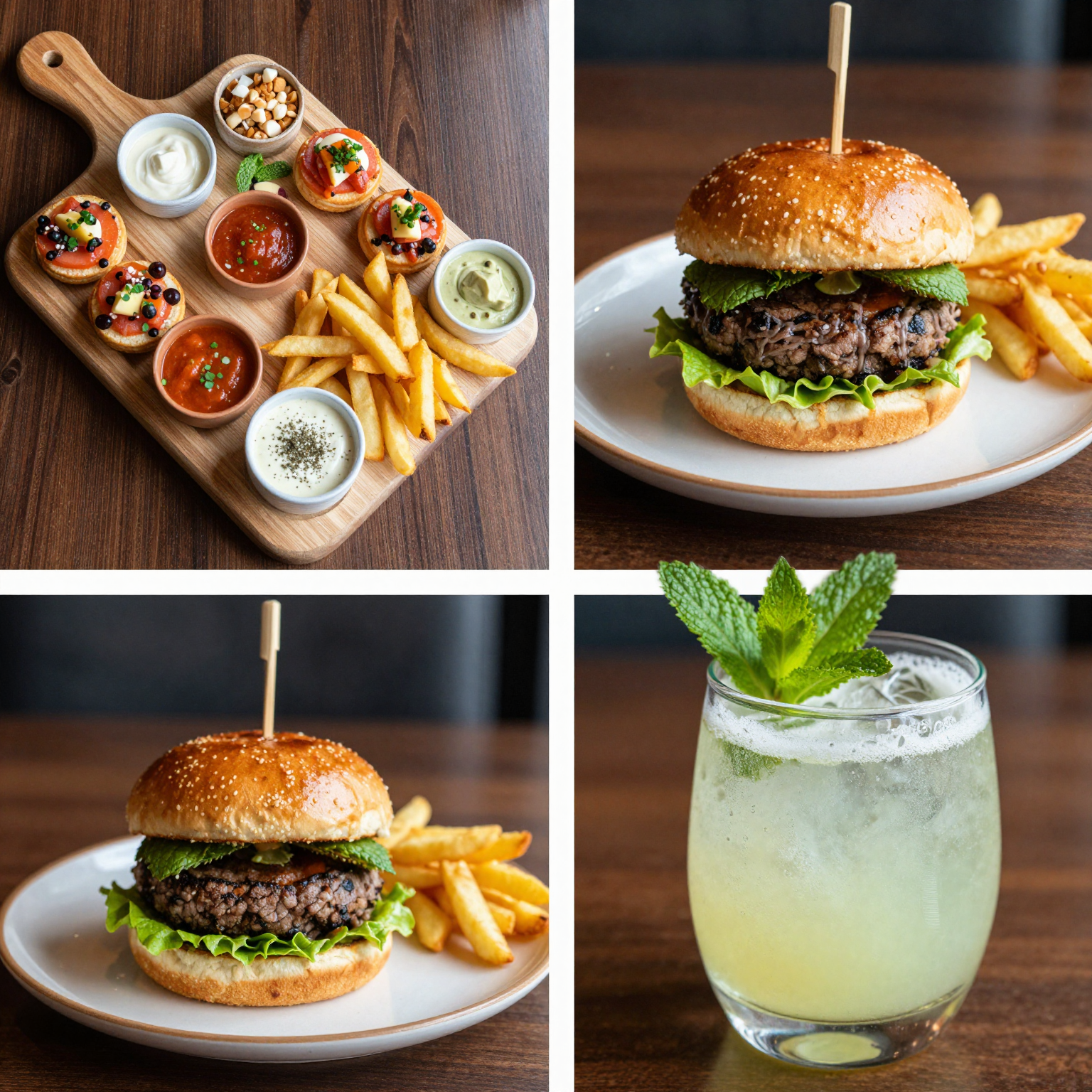 Professional food photography examples showing three essential angles: overhead flat lay, 45-degree burger shot, and cocktail close-up