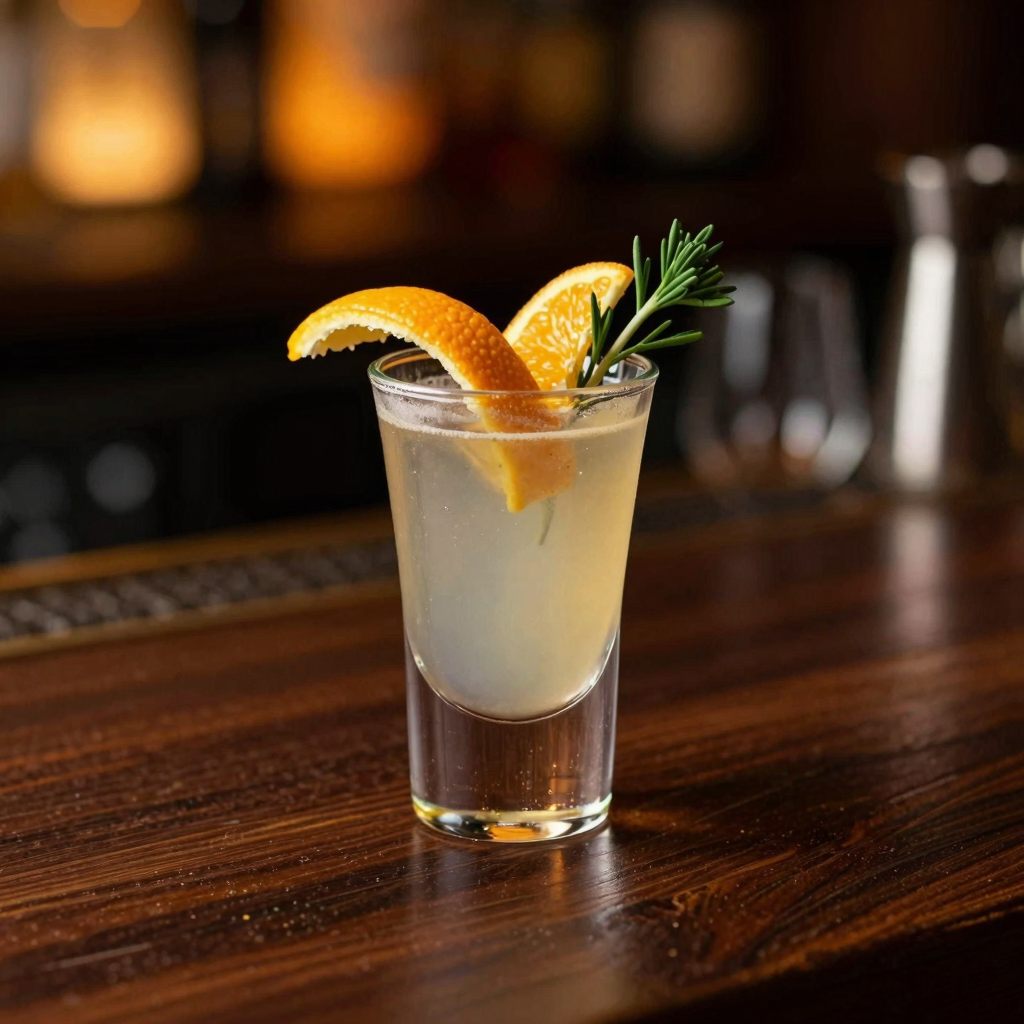 Elegant cocktail on dark wood bar top with amber bar lights and citrus garnish