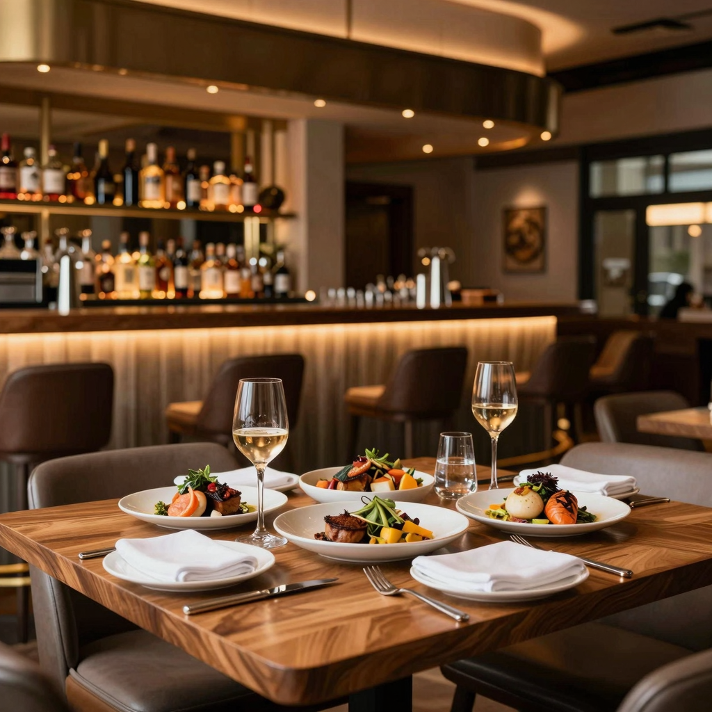 Stunning restaurant interior with warm lighting and beautifully plated food