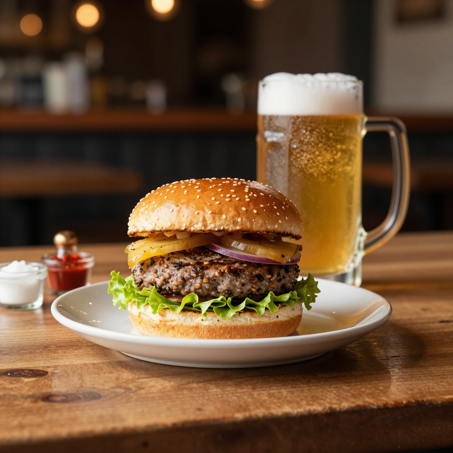 Draft bar and grille food photography showing a burger and beer with warm ambient lighting